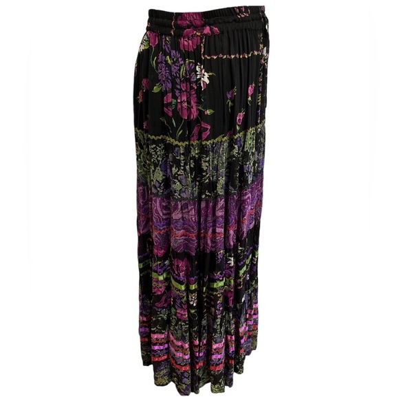 80s BOHO GYPSY MULTI-COLOR TIERED MAXI SKIRT TWEE FLORAL PAISLEY & RIBBON TRIM L - Picture 4 of 10